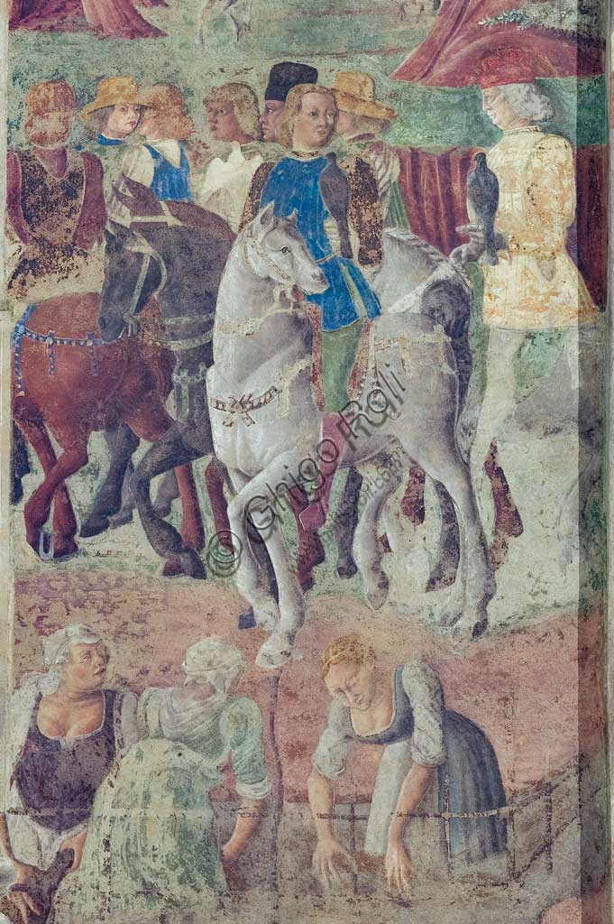 Ferrara, Palazzo Schifanoia, Salone dei Mesi, Fascia inferiore degli affreschi: Scene di vita della corte di Borso D'Este,  su progetto di Cosmé Tura e realizzato da pittori di scuola ferrarese, circa 1468 - 1470.  Particolare con scena di caccia col falcone e lavandaie.