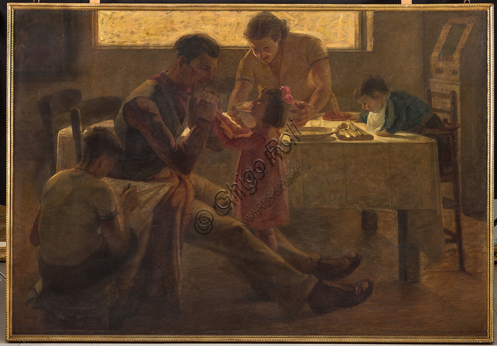 Collezione Assicoop - Unipol: Bruno Semprebon (1906 - 1995): "Scena familiare". Olio su tela, cm 200 x 140.