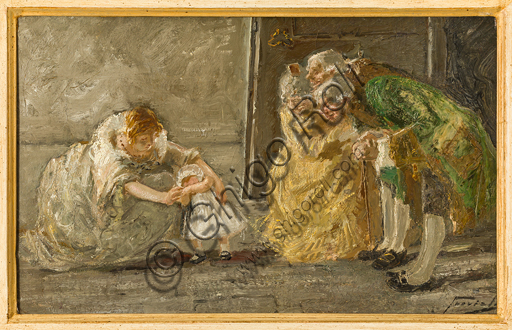Gaetano Previati (Ferrara 1852 - 1920): "Scene"; Oil painting on canvas,  cm. 25 x 40.