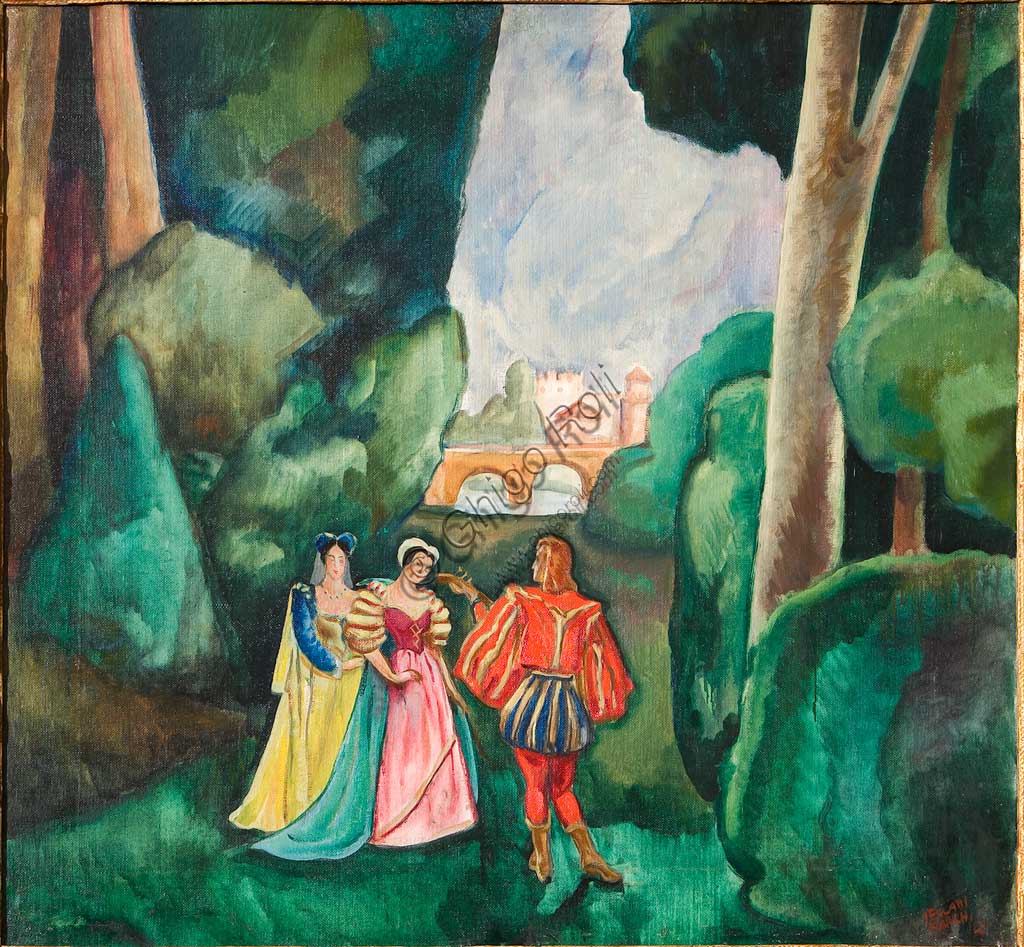 Assicoop - Unipol Collection: Mario Vellani Marchi (1895-1979), "Amourous Scene in Medieval Landscape". Oil on canvas, cm. 92x100.