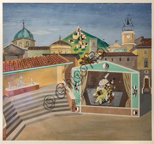 Museo Novecento: "Unique scene for the Amfiparnaso, by O. Vecchi", 1938, by Gino Severini. Pencil and tempera on card.