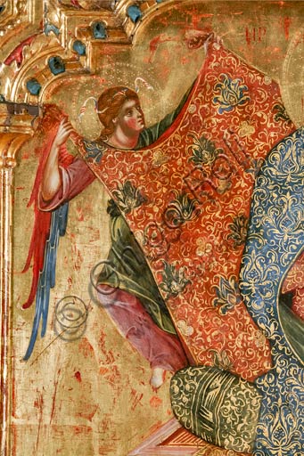   Rome, National Museum of Palazzo Venezia (from the church of St. George in Piran, Slovenia): Paolo Veneziano,  Polyptych of the the Virgin with Child and Saints. Detail of the central section with an Angel holding a brocade curtain richly decorated.
