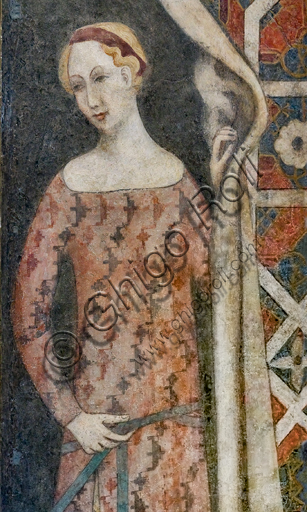  Lombardy worskhop: fresco representing a woman drawing a drape with a geometrical pattern, beginning XV century.