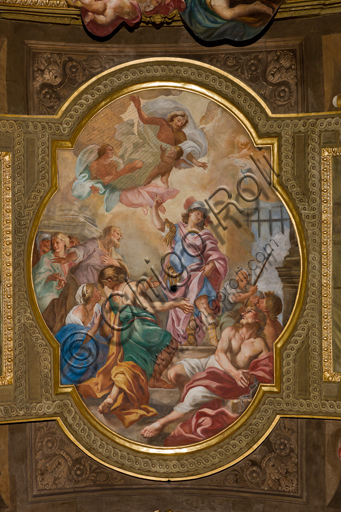 Genova, Duomo (Cattedrale di S. Lorenzo),  interno, Cappella Senarega o di Nostra Signora del Soccorso (abside meridionale), volta: "S. Sebastiano esorta i fratelli Marco e Marcellino", di Giovanni Andrea Carlone (1690 circa). 