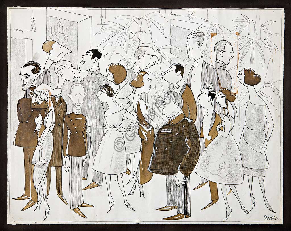 Collezione Assicoop / Unipol: Mario Vellani Marchi, "La seconda festa alla scuola militare", (1922). Inchiostro nero e acquarello su carta, cm 47,5 X 66,5.