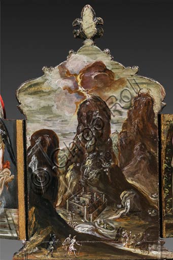 Modena, Galleria Estense: altarolo portatile di Domenico Theotokòpoulòs detto El Greco (1541-1614). Tempera grassa su tavola, cm 37 x 23,8. Pannello centrale del retro con "Consegna delle Tavole della Legge sul monte Sinai"  