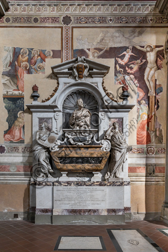 Basilica of the Holy Cross, left aisle: "Sepulchre of Galielo Galilei", 1734-7.It is decorated with a bust by Giovan Battista Foggini (16779 and by the personifications of Astronomy by Vincenzo Foggini and Geometry by Girolamo Ticciati. The surrounding frescoes are remains of the 14th century decoration of the nave, attributed to Mariotto di Nardo.