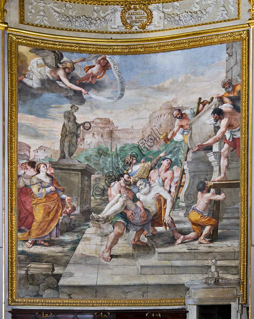 Basilica di S. Andrea della Valle, pareti del coro, affreschi con episodi della vita di S. Andrea: "Sepoltura di S. Andrea". Affresco di Mattia Preti, 1650 - 51.