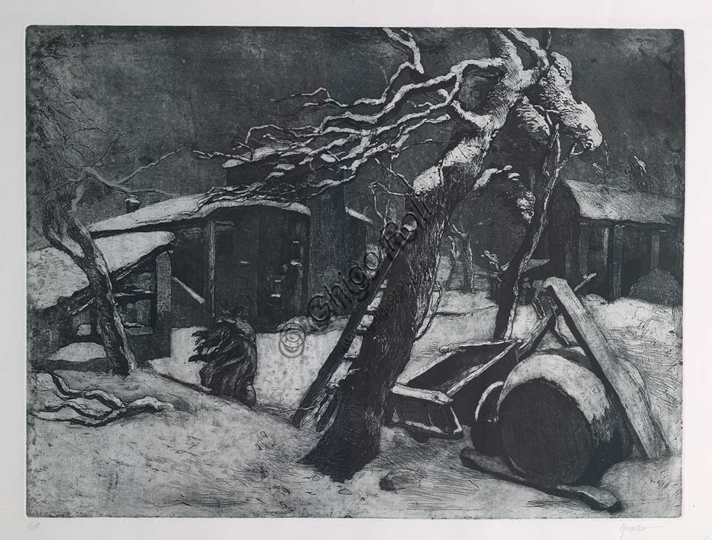 Assicoop - Unipol Collection: "Winter Evening", etching and aquatint on paper, by Giuseppe Graziosi (1879 - 1942).