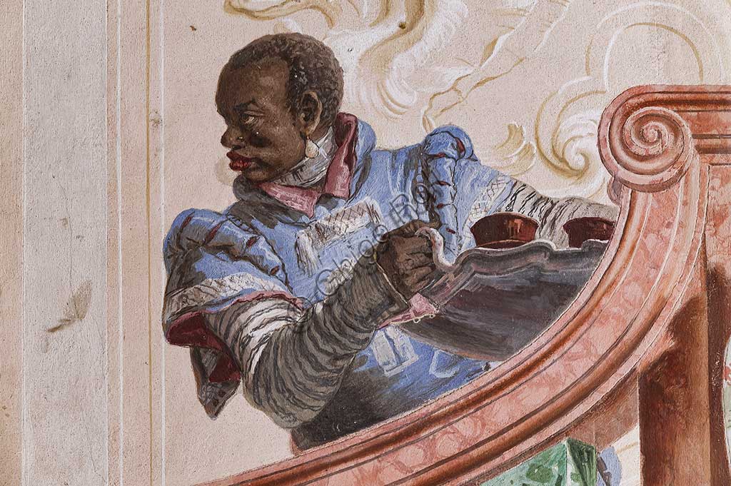 Vicenza, Villa Valmarana ai Nani, Guest Lodgings, the Room of the Carnival Scenes: "Moor Servant on a False Staircase". Frescoes by Giandomenico Tiepolo, 1757. Detail.