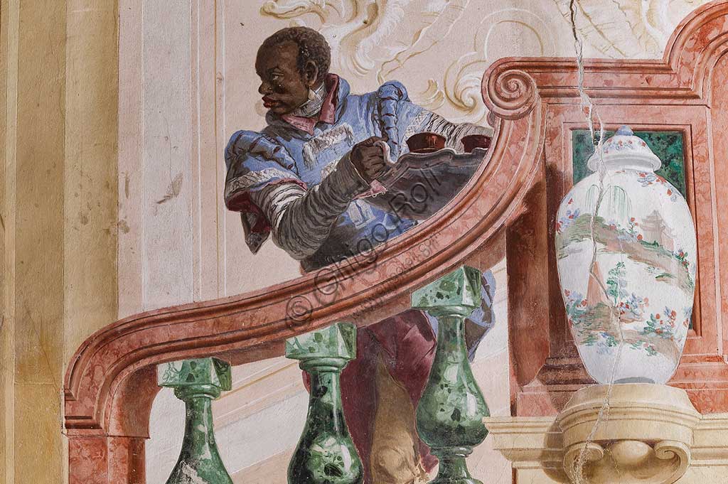 Vicenza, Villa Valmarana ai Nani, Guest Lodgings, the Room of the Carnival Scenes: "Moor Servant on a False Staircase". Frescoes by Giandomenico Tiepolo, 1757. Detail.