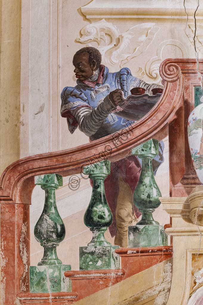 Vicenza, Villa Valmarana ai Nani, Guest Lodgings, the Room of the Carnival Scenes: "Moor Servant on a False Staircase". Frescoes by Giandomenico Tiepolo, 1757. Detail.