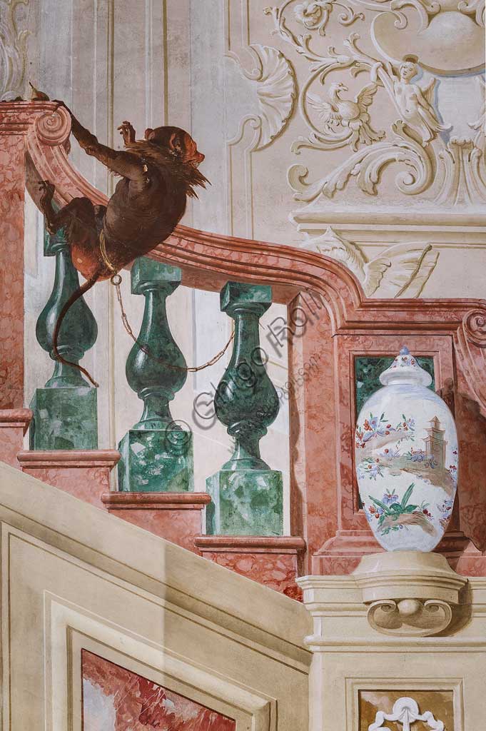 Vicenza, Villa Valmarana ai Nani, Guest Lodgings, the Room of the Carnival Scenes: "Moor Servant on a False Staircase". Frescoes by Giandomenico Tiepolo, 1757. Detail with monkey.