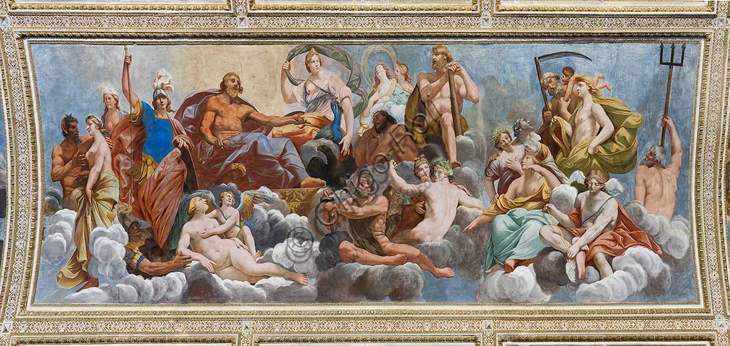 Mantova, Palazzo Ducale, Appartamento Ducale, Sala degli Specchi (gi√† Galleria Grande), la volta: "Consesso degli Dei dell'Olimpo" . Affresco di Carlo Santner, 1618.