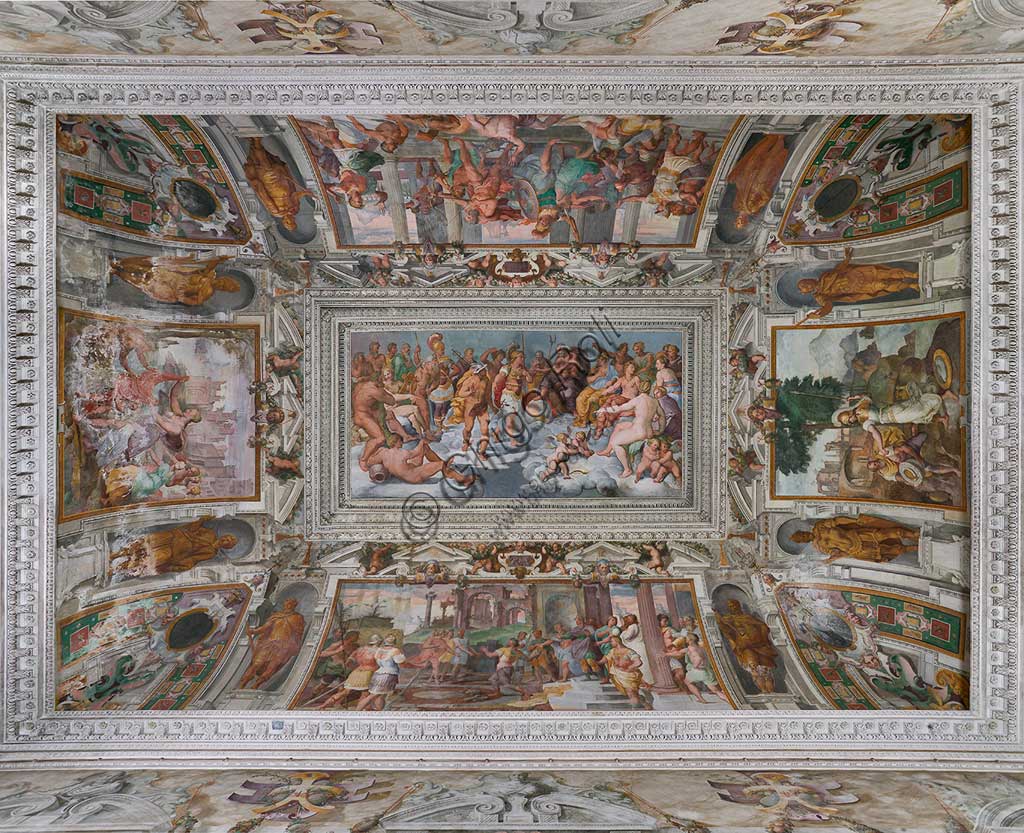 Genoa, Villa Pallavicino delle Peschiere,  the hall: at the centre of the vault "The Assembly of Gods", along the sides "Ulysses' stories". Frescoes by Giovanni Battista Castello, known as "il Bergamasco", about 1560.