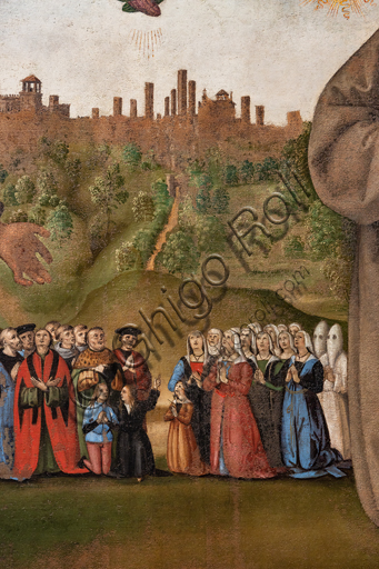  Perugia, National Gallery of Umbria: Banner of Justice, by Pietro di Cristoforo Vannucci, known as Perugino, around 1496, oil and tempera painting on canvas. Detail of the background with the city of Perugia with people and confreres.