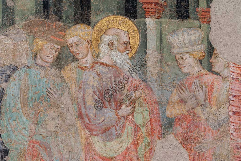 Ferrara, Pinacoteca Nazionale: fresco detached from the Church of San Domenico on the subject of the Stories of St. John the evangelist, by Maestro G.Z. (Michele dai Carri?), 15th century. Detail with St. John.