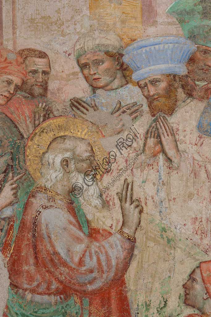 Ferrara, Pinacoteca Nazionale: fresco detached from the Church of San Domenico on the subject of the Stories of St. John the evangelist, by Maestro G.Z. (Michele dai Carri?), 15th century. Detail with St. John.