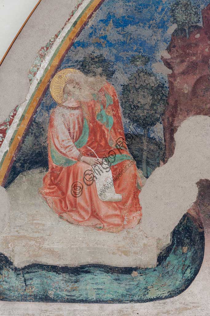 Ferrara, Pinacoteca Nazionale: fresco detached from the Church of San Domenico on the subject of the Stories of St. John the evangelist, by Maestro G.Z. (Michele dai Carri?), 15th century. Detail with St. John.