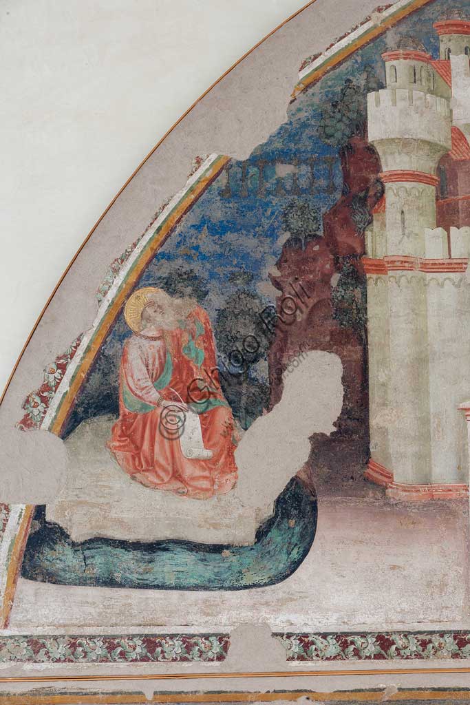 Ferrara, Pinacoteca Nazionale: fresco detached from the Church of San Domenico on the subject of the Stories of St. John the evangelist, by Maestro G.Z. (Michele dai Carri?), 15th century. Detail with St. John.