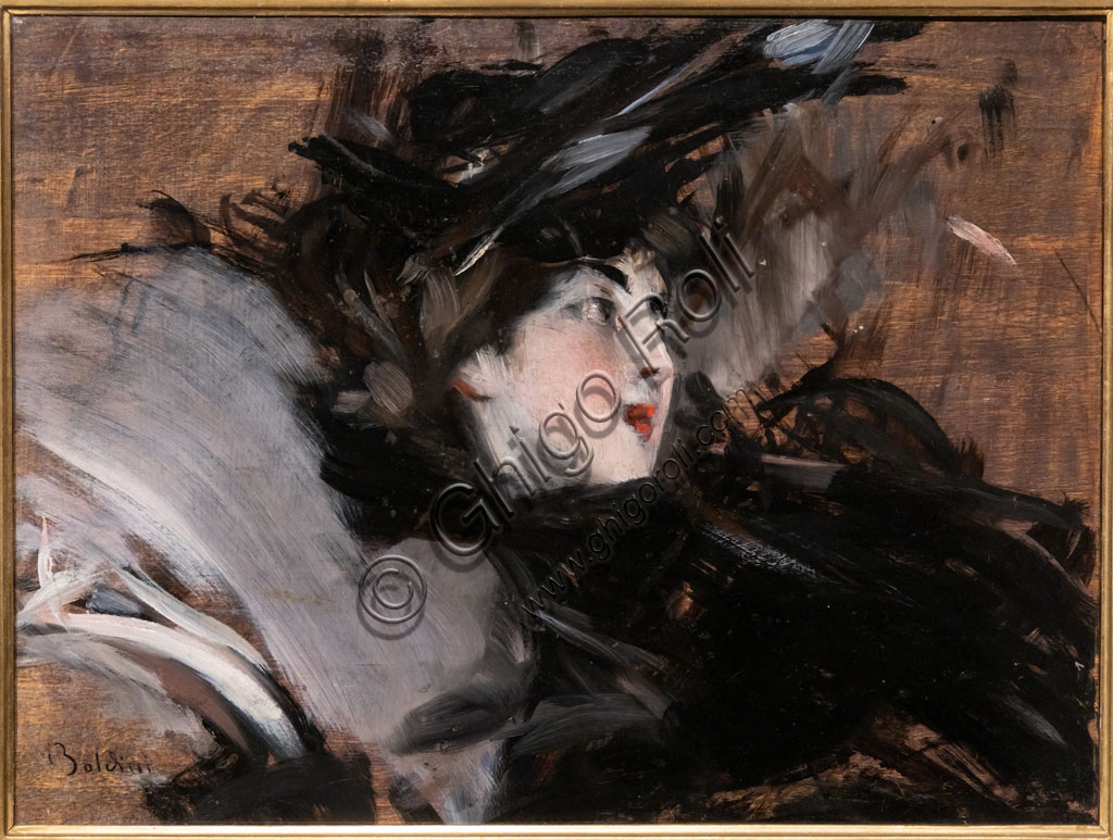 “Lady wearing a Bonnet”, by Giovanni Boldini, 1900, oil painting on canvas.