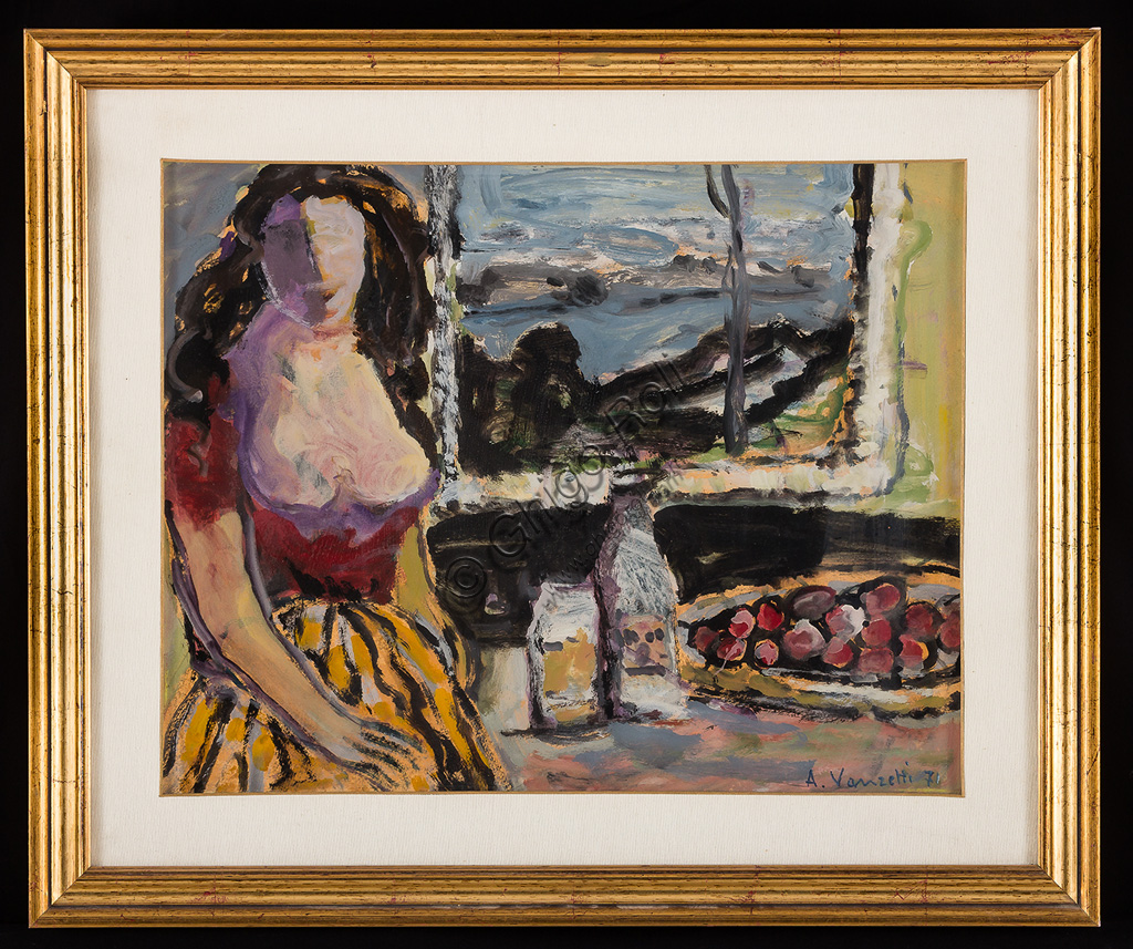 Collezione Assicoop - Unipol: Alfredo Vanzetti (1885 - 1973): "Signora con natura morta". Olio su tela,  cm 55 x 69.