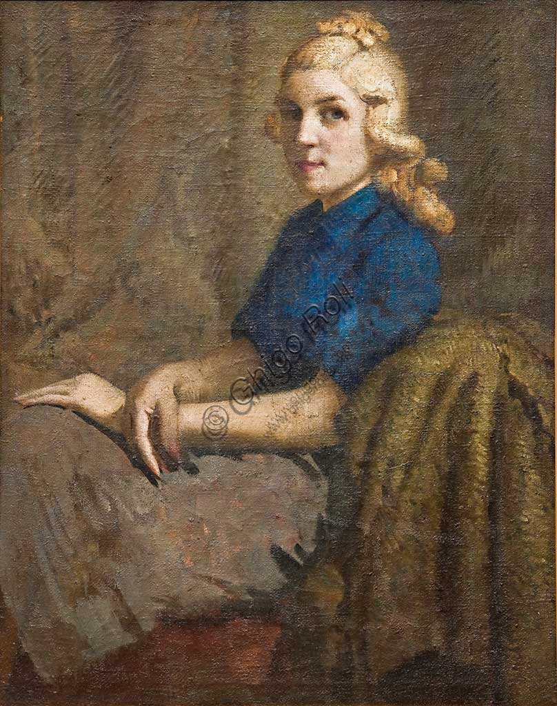 Collezione Assicoop Unipol: Arcangelo Salvarani (1882 - 1953), "La Signora Tagliazucchi". Olio su tela, cm 105 x 79.