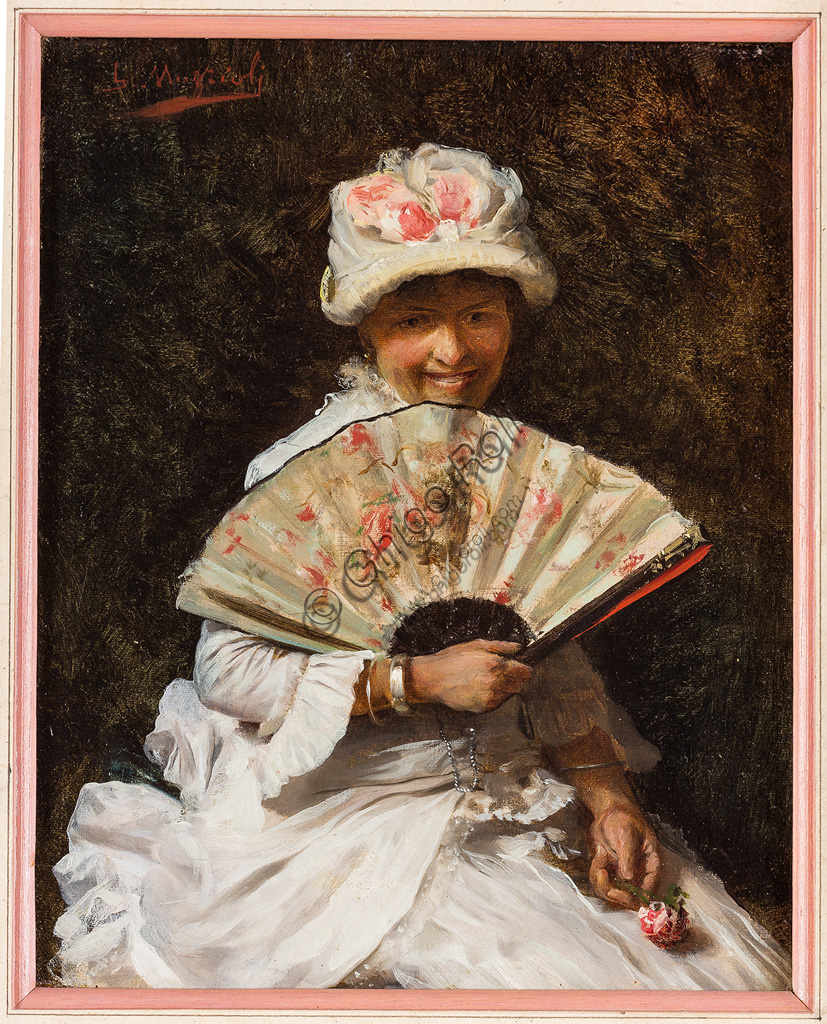  Assicoop - Unipol Collection:Giovanni Muzzioli (1854 - 1894): "Lady with fan".  Oil painting,  cm 19 x 24.