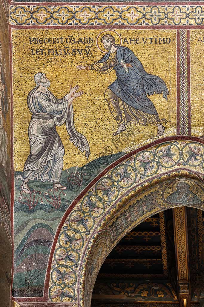 Monreale, Duomo: "Il Signore ordina a Abramo di sacrificare Isacco", mosaico bizantino, Ciclo del Vecchio Testamento - Abramo, XII - XIII sec.Iscrizione latina:"PRÆCEPIT DEUS ABRAMÆ UT IMMOLET FILIUM SUUM".