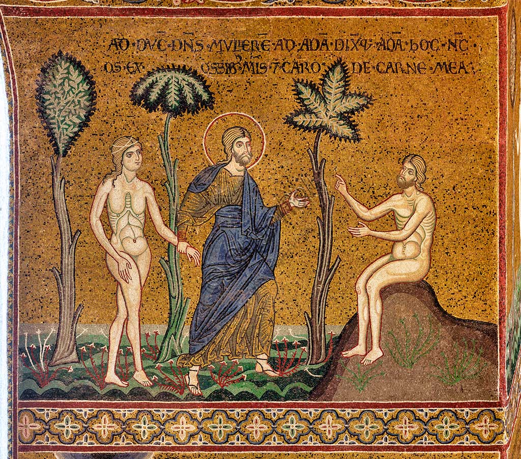 Monreale, Duomo: "Il Signore presenta Eva ad Adamo", mosaico bizantino, XII - XIII sec., sulla controfacciata.Iscrizione latina: "ADDUCIT DOMINUS MULIEREM AD ADAM DIXITQUE ADAM HOC ENIM OS EX OSSIBUS MEIS ET CARO DE CARNE MEA".