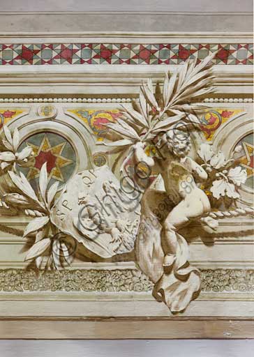 Palermo, The Royal Palace or Palazzo dei Normanni (Palace of the Normans), The Royal Apartment, The Viceroy Room:decorative friezes of the vault. Detail with the royal symbol of the eagle. Dry wall paintings by Salvatore Gregorietti, 1901