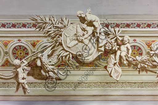 Palermo, The Royal Palace or Palazzo dei Normanni (Palace of the Normans), The Royal Apartment, The Viceroy Room:decorative friezes of the vault. Detail with the symbol of the three legs of Trinacria. Dry wall paintings by Salvatore Gregorietti, 1901