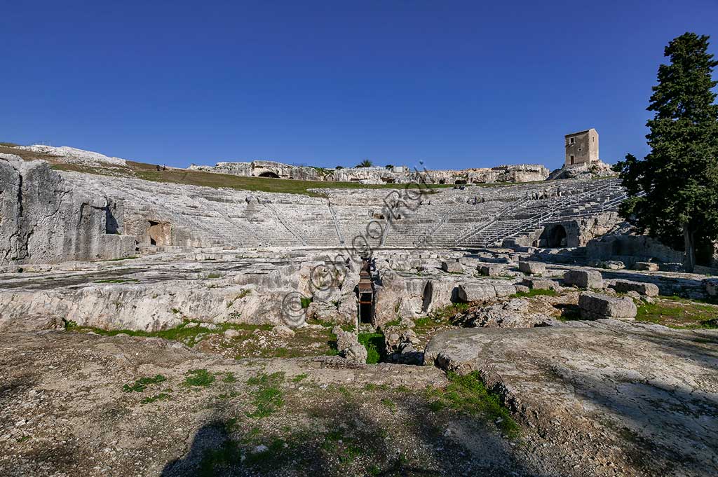 Syracuse, The Archaeological Park of the Neapolis of Syracuse: the Greek theatre, built  in the 5th century BC on the slopes on the south side of the Temenite hill. It was remade in the 3rd century BC and still re-transformed in Roman times.