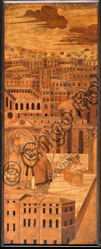 , Genoa, Duomo (St. Lawrence Cathedral), inside, apse, choir, North side: "St. Syrus drives away the basilisk", wood intarsia by Anselmo De' Fornari, Gian Michele De' Pantaleoni; Vincenzo e Tommaso Garassino; Giovanni Francesco Zambelli (XVI century).