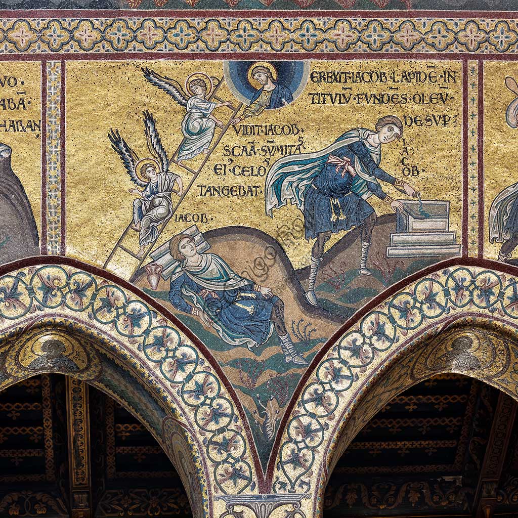  Monreale, Duomo: "Jacob's dream", Byzantine mosaic, Old Testament cycle - Abraham, byzantine mosaic, XII - XIII centuryLatin inscription: "VIDIT JACOB SCALAM SUMMITAS EIUS CÆLOS TANGEBAT - EREXIT JACOB LAPIDEM IN TITULUM FUNDENS OLEUM DESUPER".