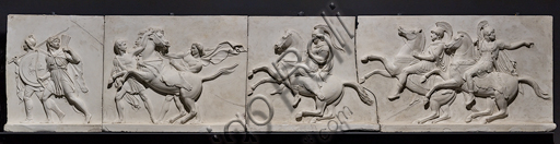  ""The entry of Alexander the Great into Babylon", a frieze executed between 1818 and 1828 by Bertel Thorvaldsen (1770 - 1844) in Carrara marble.  It is conceived as the meeting between two processions that converge towards the center, that is, towards the figure of Alexander the Great who advances on the chariot led by Victory, followed by his famous steed Bucefalo and his soldiers loaded with booty. In front of the leader, the allegorical figure of Peace, recognizable by the olive branch, precedes the people and the rulers of Babylon, who offer their gifts (horses, lions, panthers ...) to the winner, while dancers scatter flowers in his honor.Detail of  soldiers and horses.