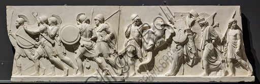  ""The entry of Alexander the Great into Babylon", a frieze executed between 1818 and 1828 by Bertel Thorvaldsen (1770 - 1844) in Carrara marble.  It is conceived as the meeting between two processions that converge towards the center, that is, towards the figure of Alexander the Great who advances on the chariot led by Victory, followed by his famous steed Bucefalo and his soldiers loaded with booty. In front of the leader, the allegorical figure of Peace, recognizable by the olive branch, precedes the people and the rulers of Babylon, who offer their gifts (horses, lions, panthers ...) to the winner, while dancers scatter flowers in his honor.Detail of  soldiers.