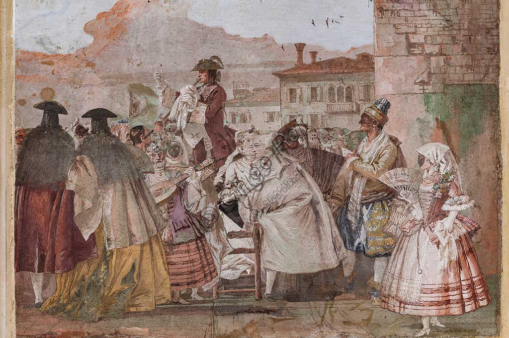 Vicenza, Villa Valmarana ai Nani, Foresteria, Stanza delle scene carnevalesche: "Spettacolo di un ciarlatano"; scena con maschere, a imitazione di un dipinto a olio. Affreschi di Giandomenico Tiepolo, 1757.