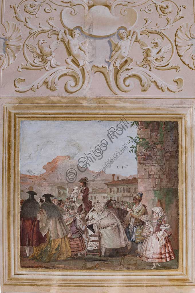 Vicenza, Villa Valmarana ai Nani, Guest Lodgings, the Room of the Carnival Scenes: "Show of a Charlatan", a scene with masks imitating an oil paiting. Frescoes by Giandomenico Tiepolo, 1757.