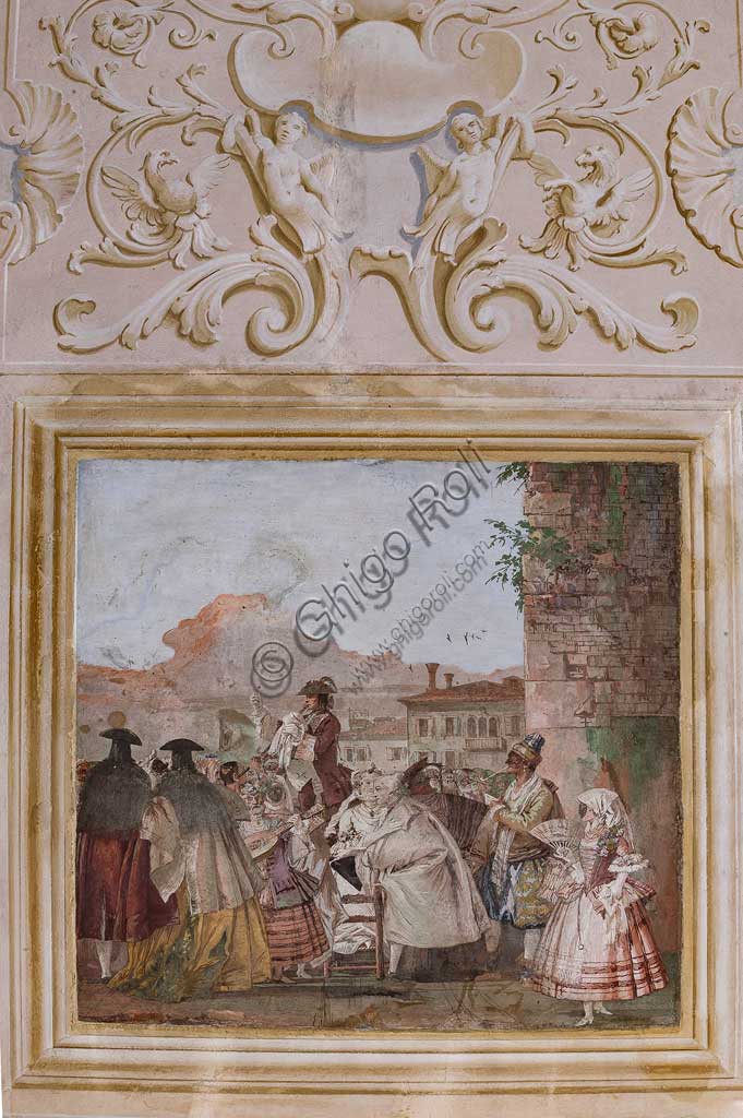 Vicenza, Villa Valmarana ai Nani, Foresteria, Stanza delle scene carnevalesche: "Spettacolo di un ciarlatano"; scena con maschere, a imitazione di un dipinto a olio. Affreschi di Giandomenico Tiepolo, 1757.