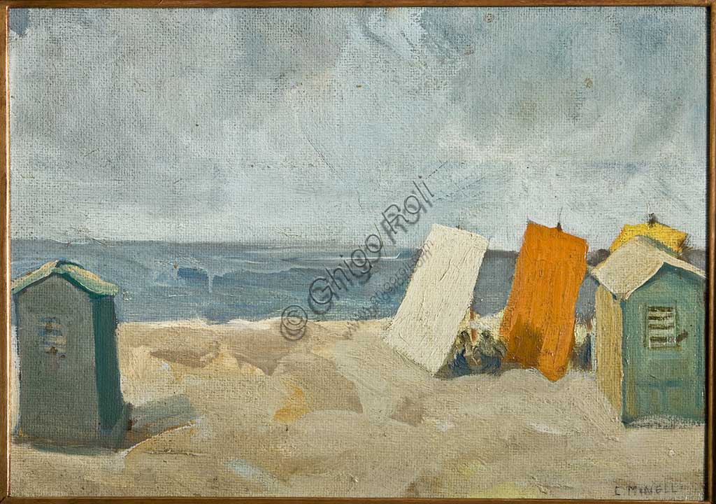 Collezione Assicoop Unipol:  Carlo Minelli;"Spiaggia con Cabine"; olio su cartone. Recto.
