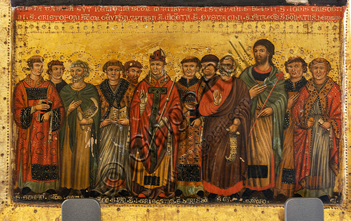  Spoleto, Rocca Albornoz (Stronghold), National Museum of The Dukedom of Spoleto:"Reliquary, Line of Saints", by Master of S. Alò, tempera painting on panel, XIV century.