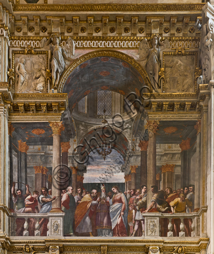 Genova, Duomo (Cattedrale di S. Lorenzo), interno, Cappella Lercari o del Santissimo Sacramento (abside settentrionale),  fianco meridionale: "Sposalizio della Vergine", affresco di Luca Cambiaso, 1569.