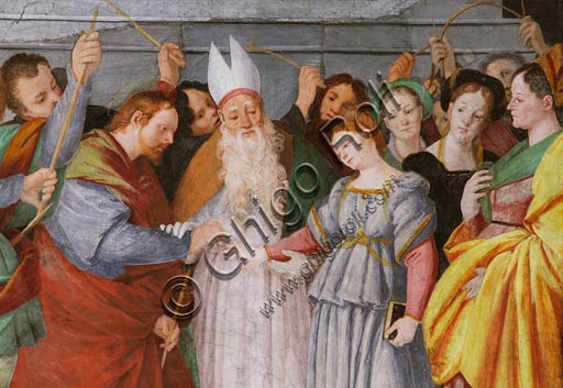 Vercelli, Chiesa di San Cristoforo, Cappella della Beata Vergine o dell'Assunta: particolare dello " Sposalizio di Maria".   Affresco di Gaudenzio Ferrari,  1529 - 1534.