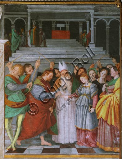   Vercelli, Church of St. Christopher, Chapel of the blessed Virgin or of the Assunta: "The Marriage of the Virgin"". Above, "Presentation of Mary at the Temple". Fresco by Gaudenzio Ferrari, 1529 - 1534.