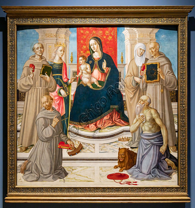  "Mystical Marriage of St. Catherine of Alexandria and Saints Francis, Jerome, Anthony of Padua, Elizabeth of Hungary and Bernardino of Siena", by Girolamo di Benvenuto, 1515-20, gold and tempera painting on panel.