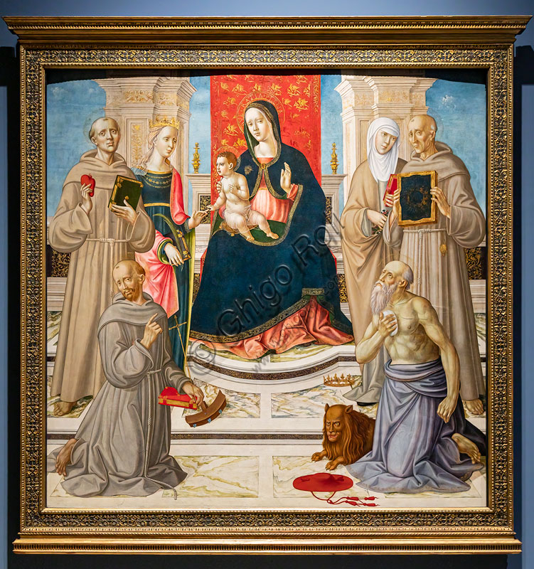 “Sposalizio mistico di S. Caterina d’Alessandria e i santi Francesco, Girolamo, Antonio da Padova, Elisabetta d’Ungheria e Bernardino da Siena”, di Girolamo di Benvenuto, 1515-20, oro e tempera grassa su tavola.