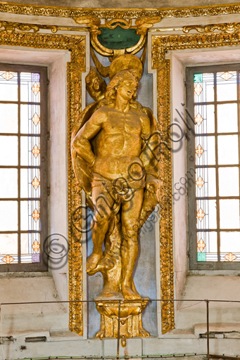 , Genoa, Duomo (St. Lawrence Cathedral), inside, the presbitery tribune: "Statue of St. Sebastian", 1622-4 by Lazzaro Tavarone.