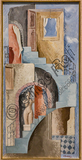Museo Novecento: "Statue and Staircase", by Renato Paresce, 1931. Mixed media on cardboard.