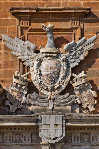 Palermo, The Royal Palace or Palazzo dei Normanni (Palace of the Normans), North-East side: detail of the coat of arms with an Aragon eagle on the main portal of the Renaissance wing.